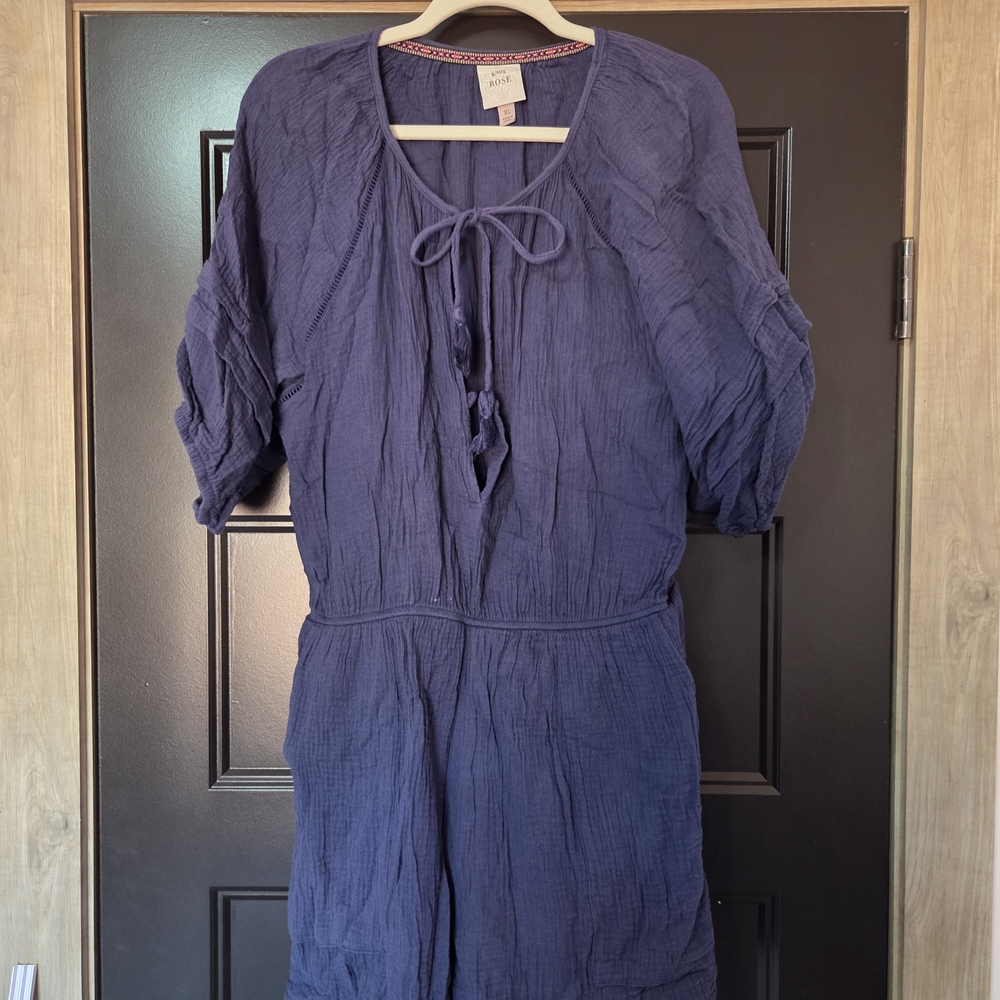 Knox Rose Navy Crinkle Dress with Embroidered Trim